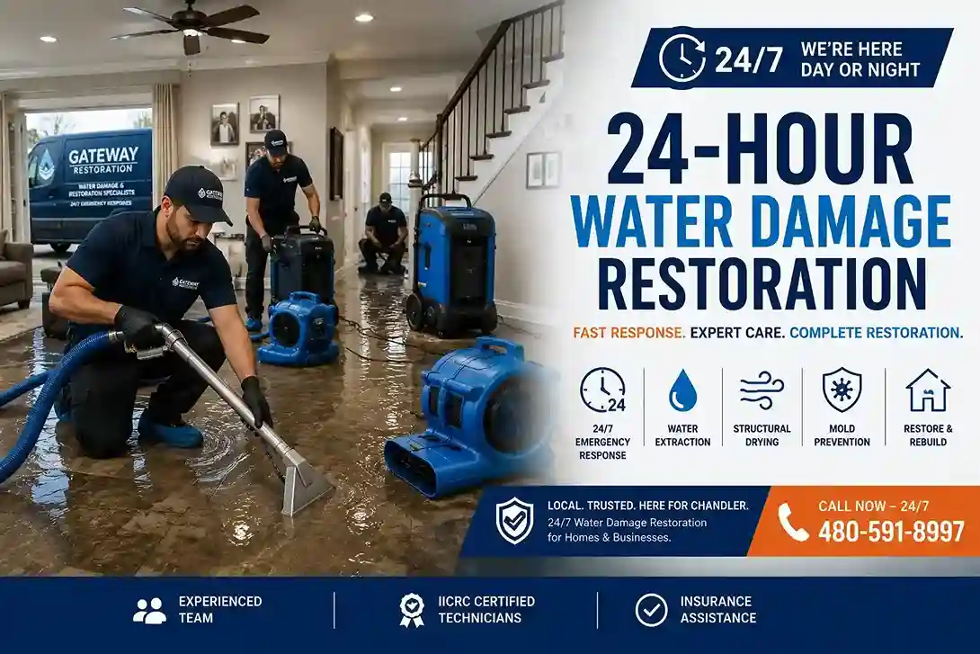 24 hour water damage restoration technician working overnight in Chandler AZ