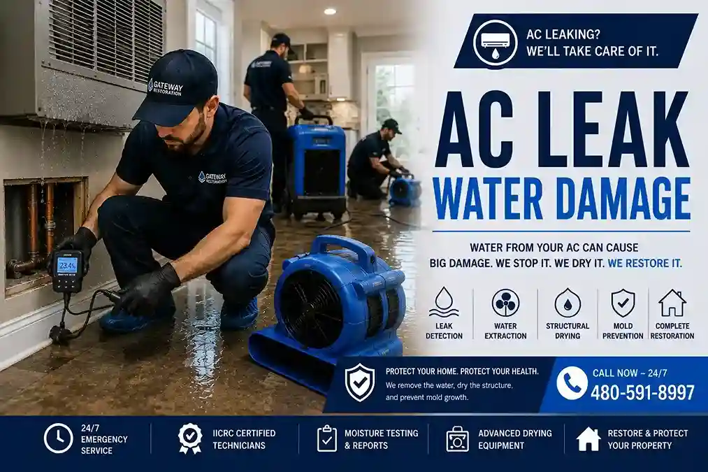AC condensate leak water damage restoration in a Chandler AZ attic