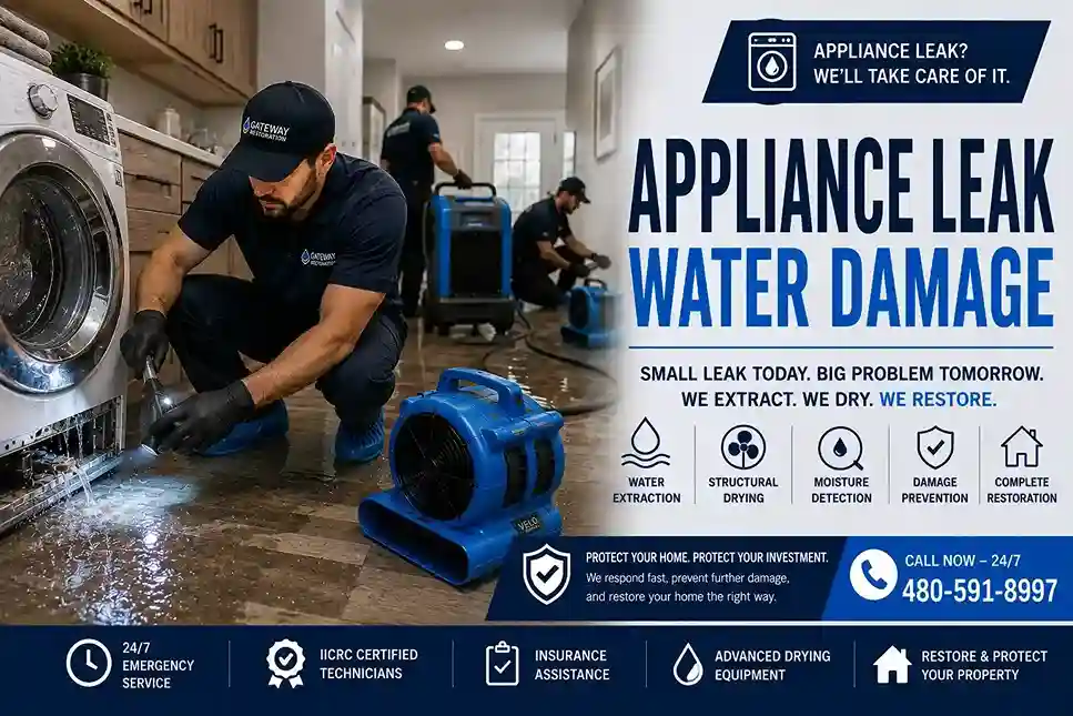 Appliance leak water damage cleanup in a Chandler AZ kitchen