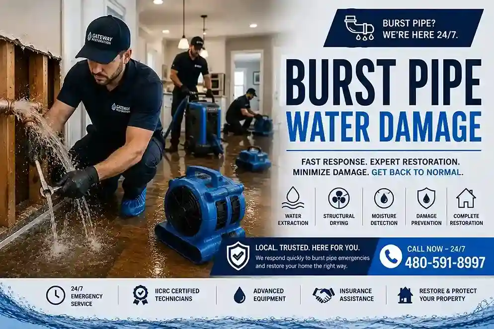 Burst pipe water damage in a Chandler AZ home
