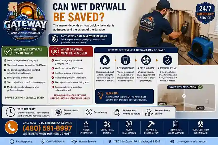 Restoration technician inspecting wet drywall after water damage in a Chandler, AZ home
