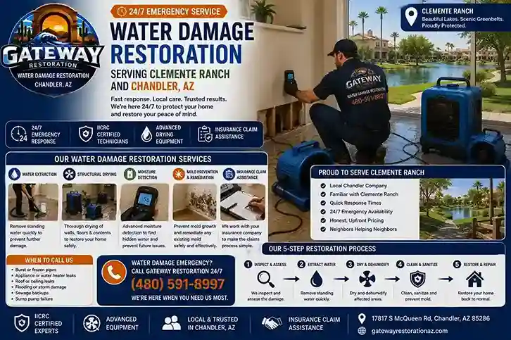 Water damage restoration technician working on a home near Clemente Ranch lakes and greenbelts in Chandler AZ