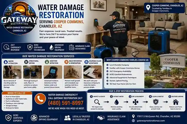 Water damage restoration technician working in a Cooper Commons, Chandler AZ family home