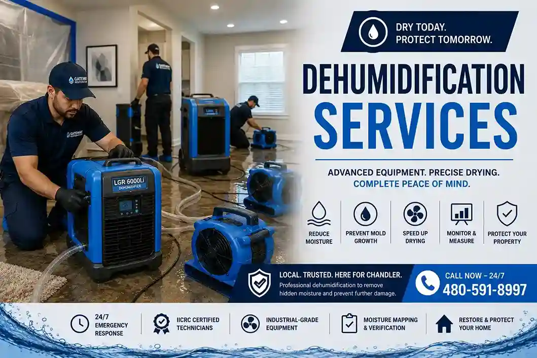 Industrial dehumidifier running inside a Chandler AZ home during water damage restoration
