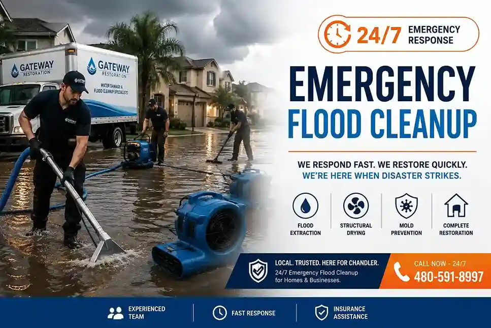 Emergency flood cleanup crew removing water from a flooded Chandler AZ property