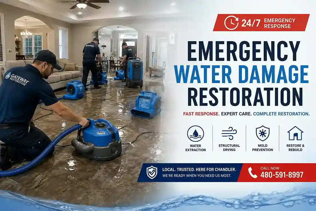 Gateway Restoration technician performing emergency water extraction in a Chandler AZ home