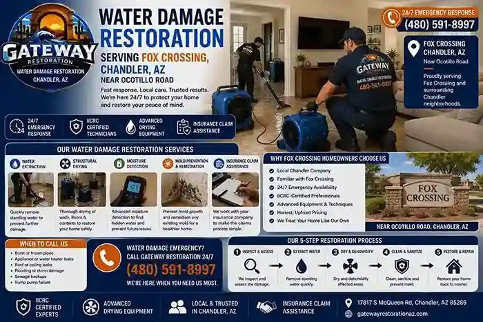 Gateway Restoration water damage crew working in a Fox Crossing, Chandler AZ home near Ocotillo Road