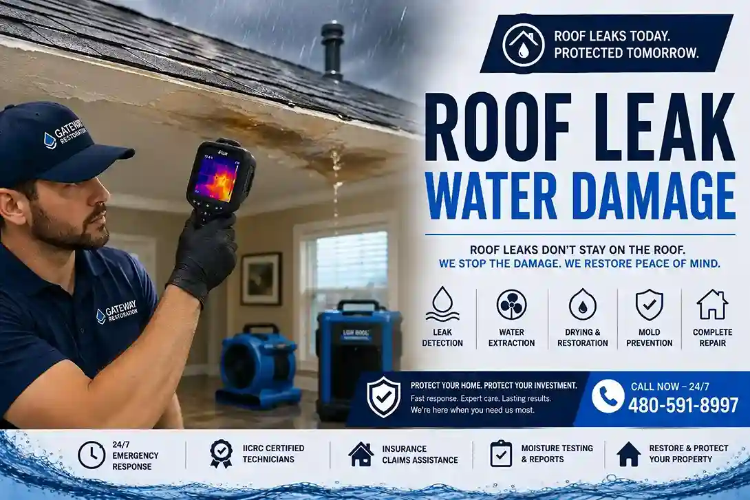 Roof leak water damage restoration after a Chandler AZ monsoon storm