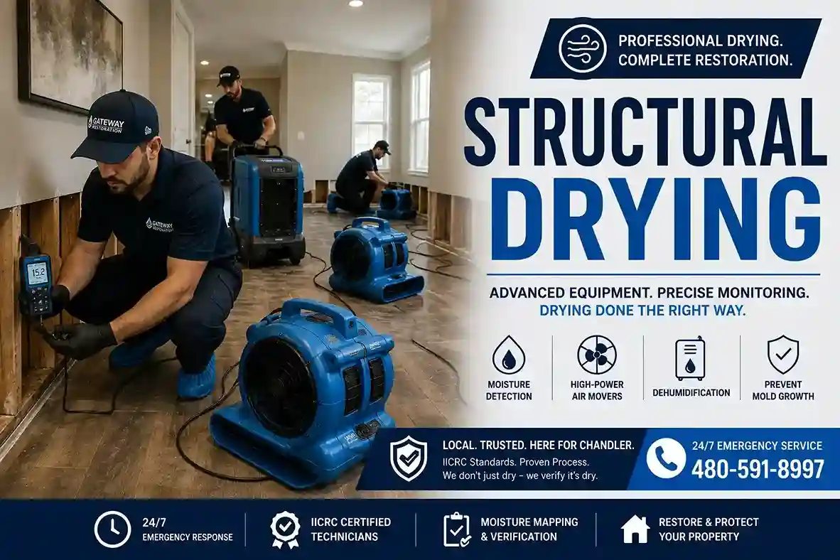 Commercial air movers and dehumidifiers set up for structural drying in a Chandler home