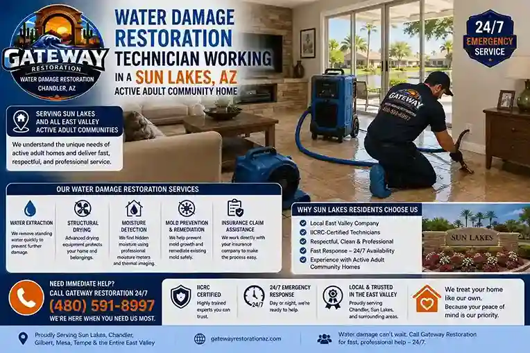 Water damage restoration technician working in a Sun Lakes AZ active adult community home