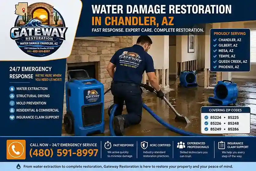 Gateway Restoration technician performing water extraction and structural drying in a Chandler, AZ home