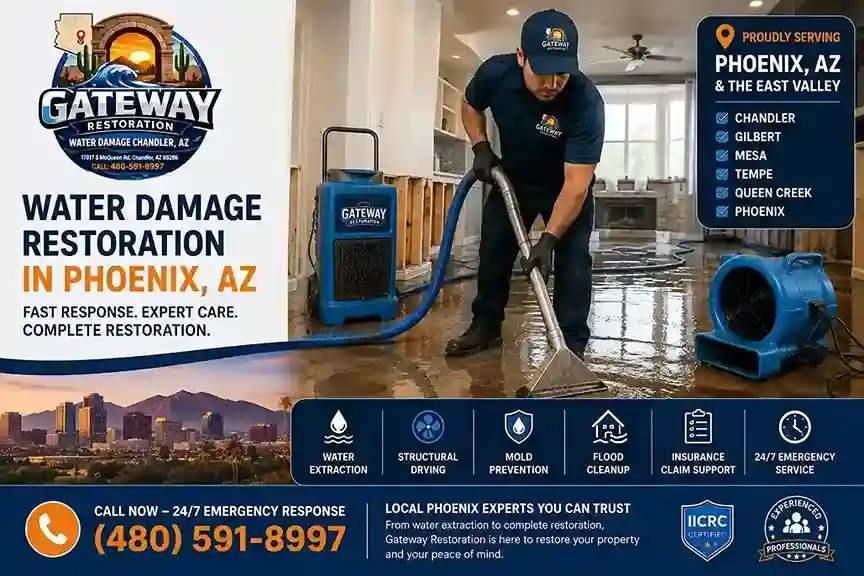 Water damage restoration technician extracting water in a Phoenix, AZ property