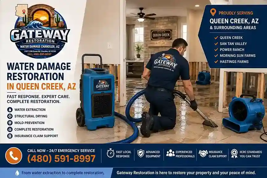 Water damage restoration technician working in a Queen Creek AZ home