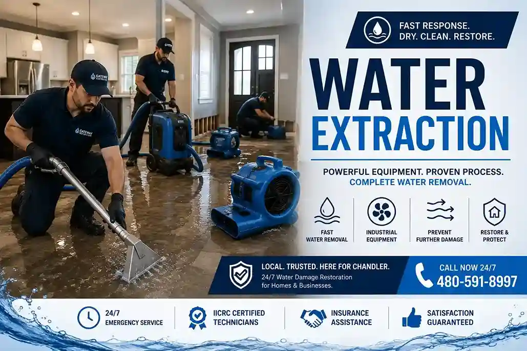 Truck-mounted water extraction equipment removing standing water in Chandler AZ
