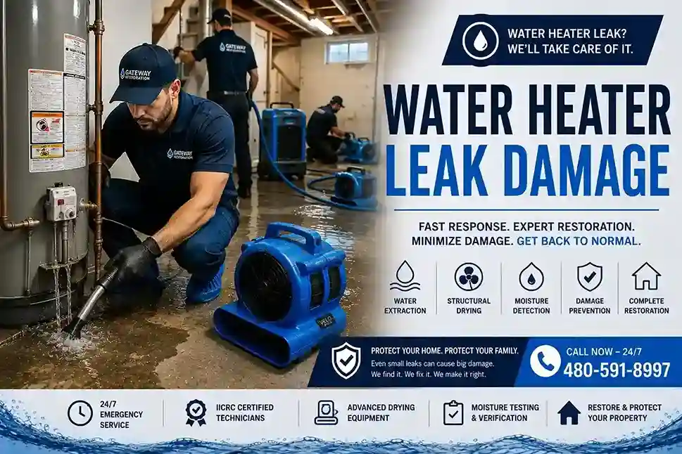 Water heater leak damage restoration in a Chandler AZ garage