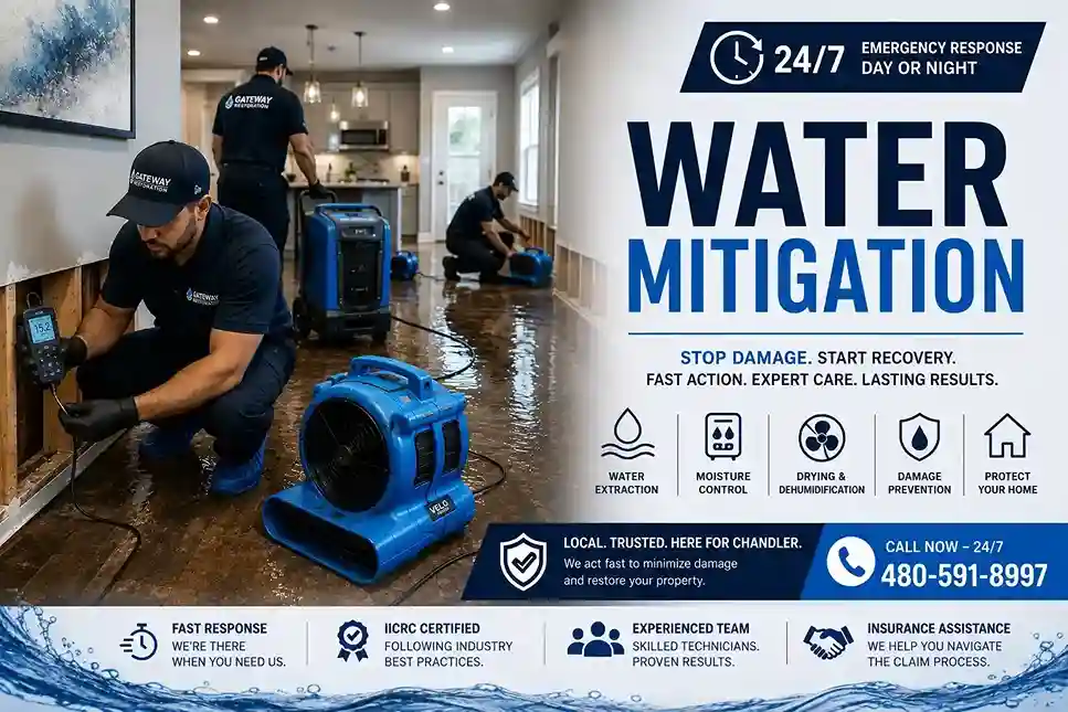 Water mitigation technician assessing damage in a Chandler AZ property
