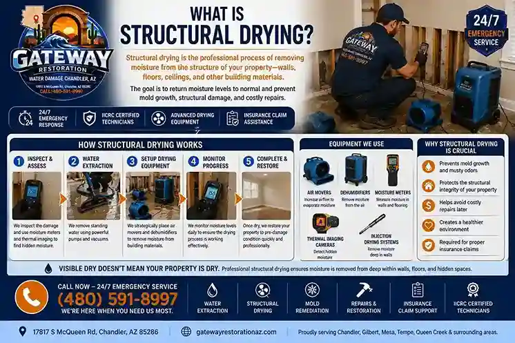 Professional structural drying equipment, air movers and dehumidifiers, set up in a Chandler AZ home after water damage